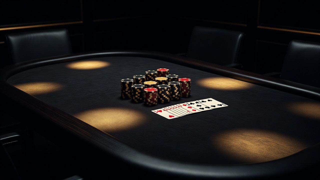 A sleek, luxurious dark poker table setting with perfectly stacked ceramic chips and playing cards, captured with deep shadows and warm gold spotlighting to create an atmosphere of focus and intense strategy.