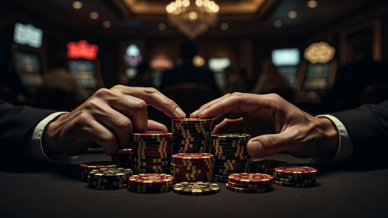 Cinematic close-up of a poker player's hands resting calmly on a stack of premium casino chips, dark moody lighting, blurred luxury casino background, conveying deep focus and zen-like mental clarity, no text, no logos