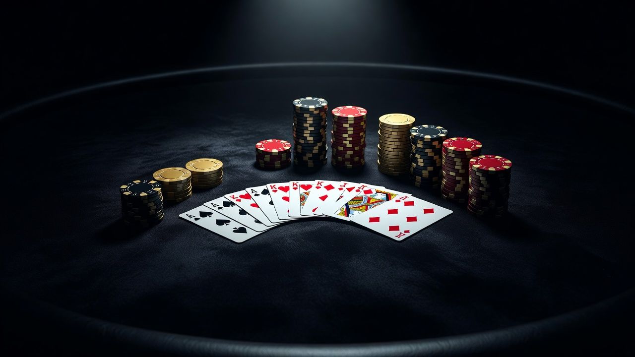 Top-down view of a luxurious poker table with high-quality playing cards spread out next to neatly stacked chips, dramatic spotlight lighting, elegant and analytical atmosphere, dark felt, no text, no logos
