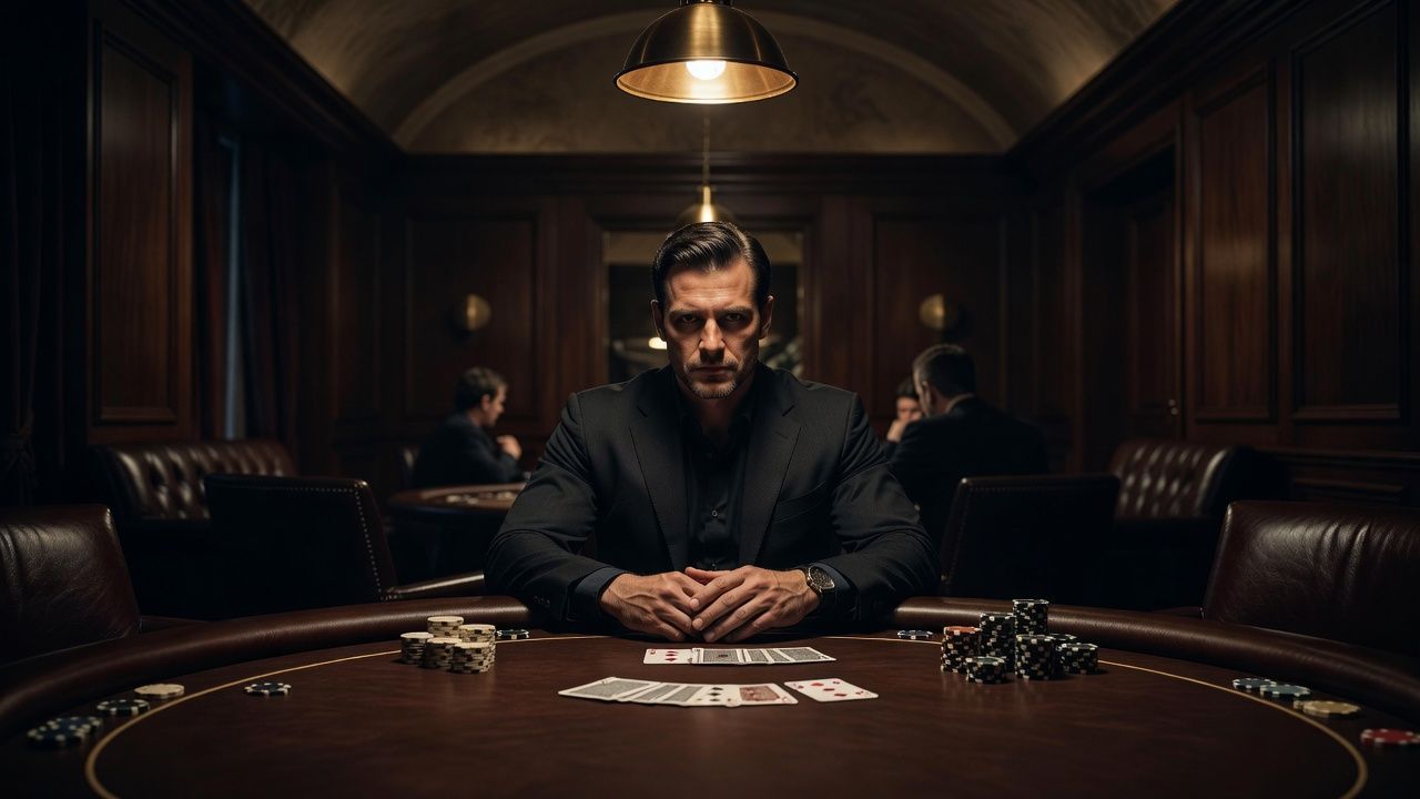 A serene and high-end poker environment showing a focused player taking a mindful pause with hands away from the table, warm moody lighting, luxury wooden interior, emphasizing composure and self-control.
