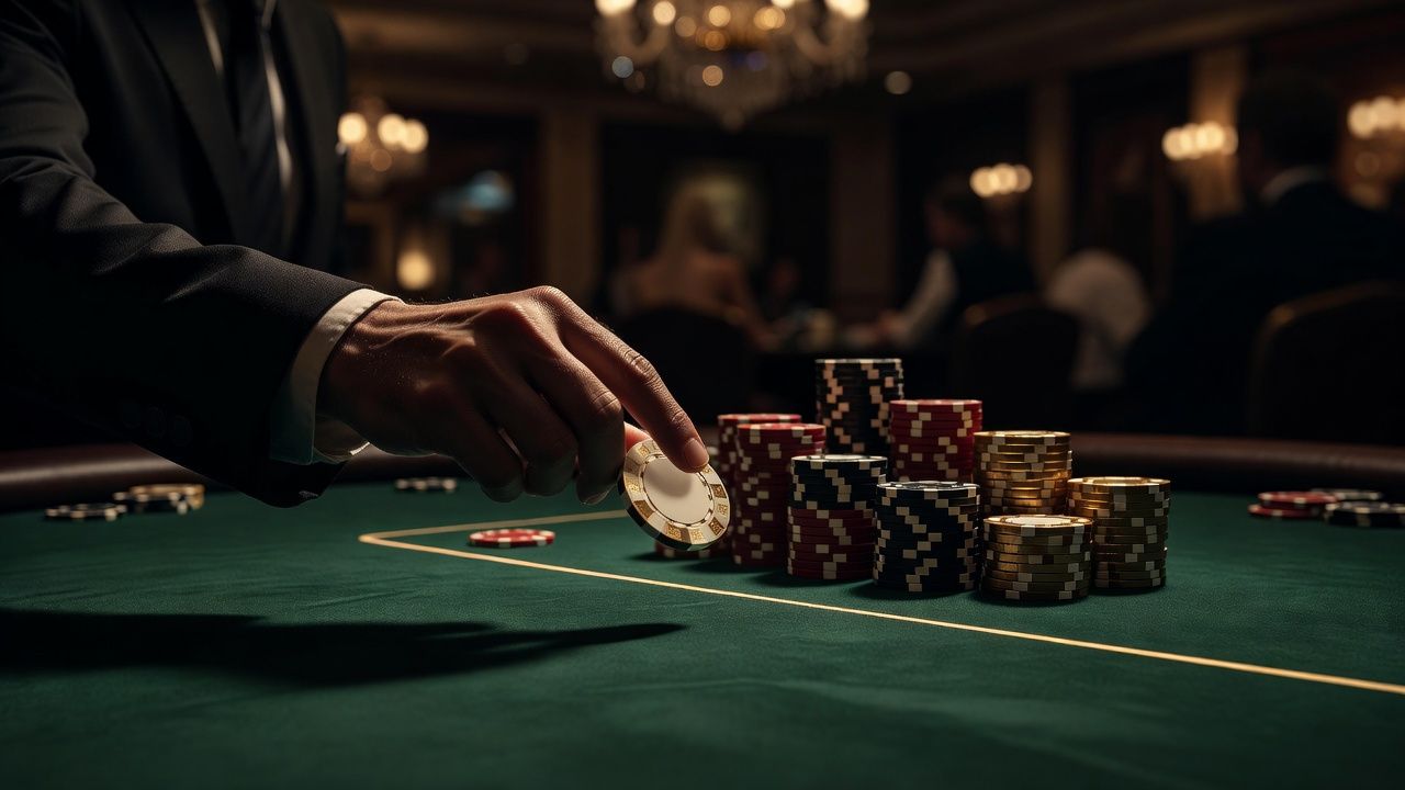 Close-up of a high-stakes poker table on deep green felt in a luxury casino setting. A player's hand tossing a large chip over the betting line before the <span class="glossary-term-inline" data-glossary-term="Deal" data-glossary-def="Accordo tra i finalisti di un torneo per dividersi il premio rimasto.">deal</span>, surrounded by stacks of premium casino chips, dramatic low-key lighting, shallow depth of field, no text or logos.