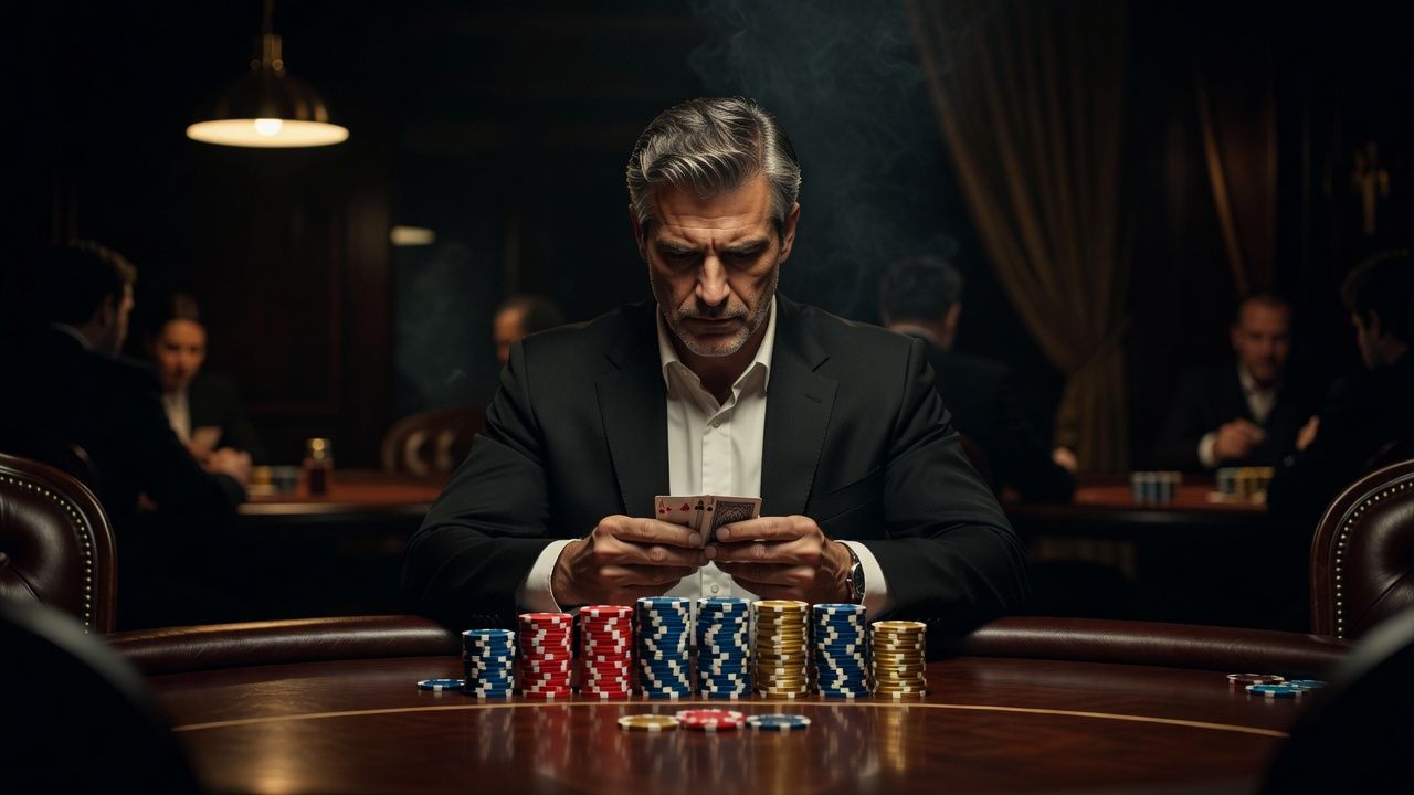 A focused poker player thoughtfully examining two <span class="glossary-term-inline" data-glossary-term="Hole Cards" data-glossary-def="Le tue due carte coperte.">hole cards</span> at an elegant, dimly lit casino table, with neat stacks of high-denomination chips in front, cinematic aesthetic, sophisticated mood, no text or logos.