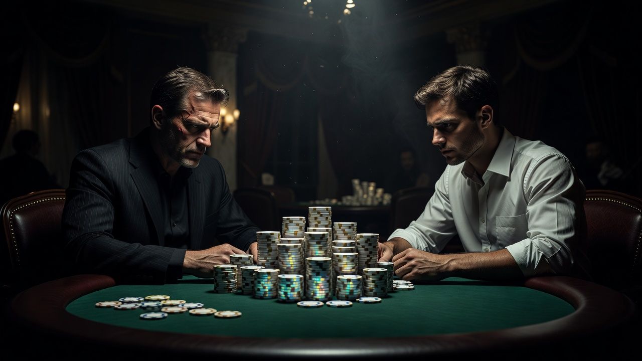 A tense high-stakes heads-up poker duel at a luxury casino table, dynamic low-key cinematic lighting casting deep shadows over massive stacks of premium poker chips, dark atmospheric background, photorealistic style, no text, no logos.