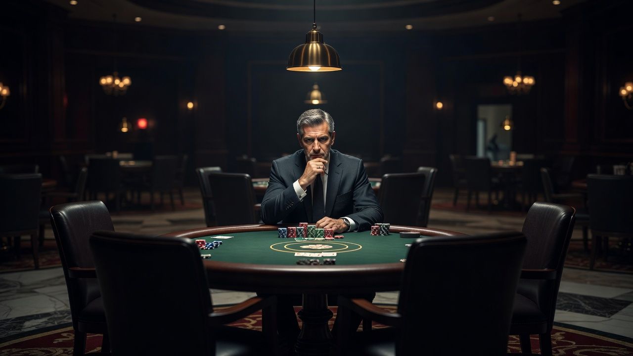 A professional poker player sitting alone late at night at an elegant poker table inside a quiet luxury casino arena, deeply contemplative with a thoughtful expression, warm dramatic accent lighting, moody sophisticated atmosphere, hyper-detailed, no text, no logos.