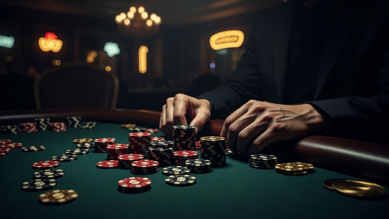 A dramatic, moody close-up of a luxury poker table, showing a player's hands gripping the <span class="glossary-term-inline" data-glossary-term="Edge" data-glossary-def="Il vantaggio competitivo che hai su un altro giocatore o su un intero tavolo.">edge</span> in frustration, scattered high-value casino chips, blurred elegant casino lights in the background, cinematic lighting, no text or logos.
