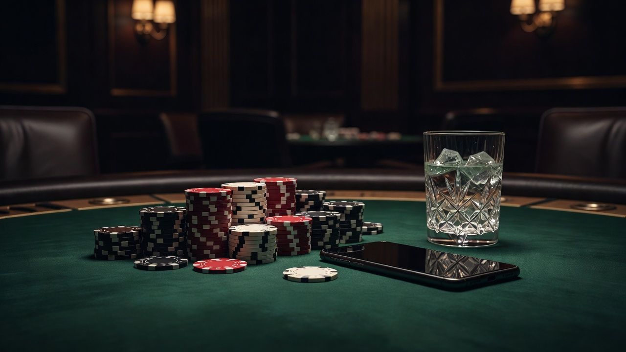 A calm and professional luxury poker setting, featuring neatly stacked high-denomination chips on premium green felt, a sleek smartphone resting face down, and a crystal glass of iced water, sharp focus, elegant casino environment, no text or logos.