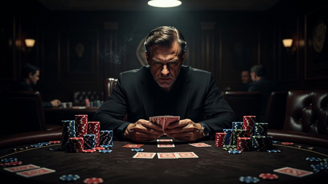 A dramatic close-up of a poker player staring intently at their pocket cards on a high-end dark felt table, surrounded by stacks of premium casino chips, atmospheric moody lighting in a luxury poker room, no text, no logos.