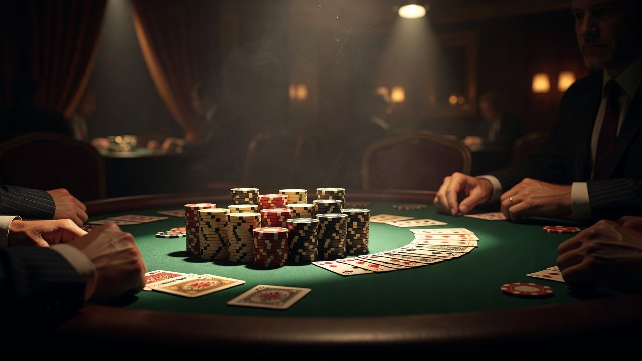 A high-stakes casino poker table setting featuring neatly stacked luxury chips and dealt playing cards under warm, cinematic spotlighting, rich ambient atmosphere, no text, no logos.