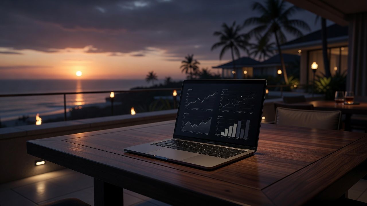A sophisticated laptop displaying subtle poker strategy charts on a dark teak table of a luxury resort terrace at sunset, soft warm ambient lighting, cinematic poker lifestyle theme, no text, no logos.