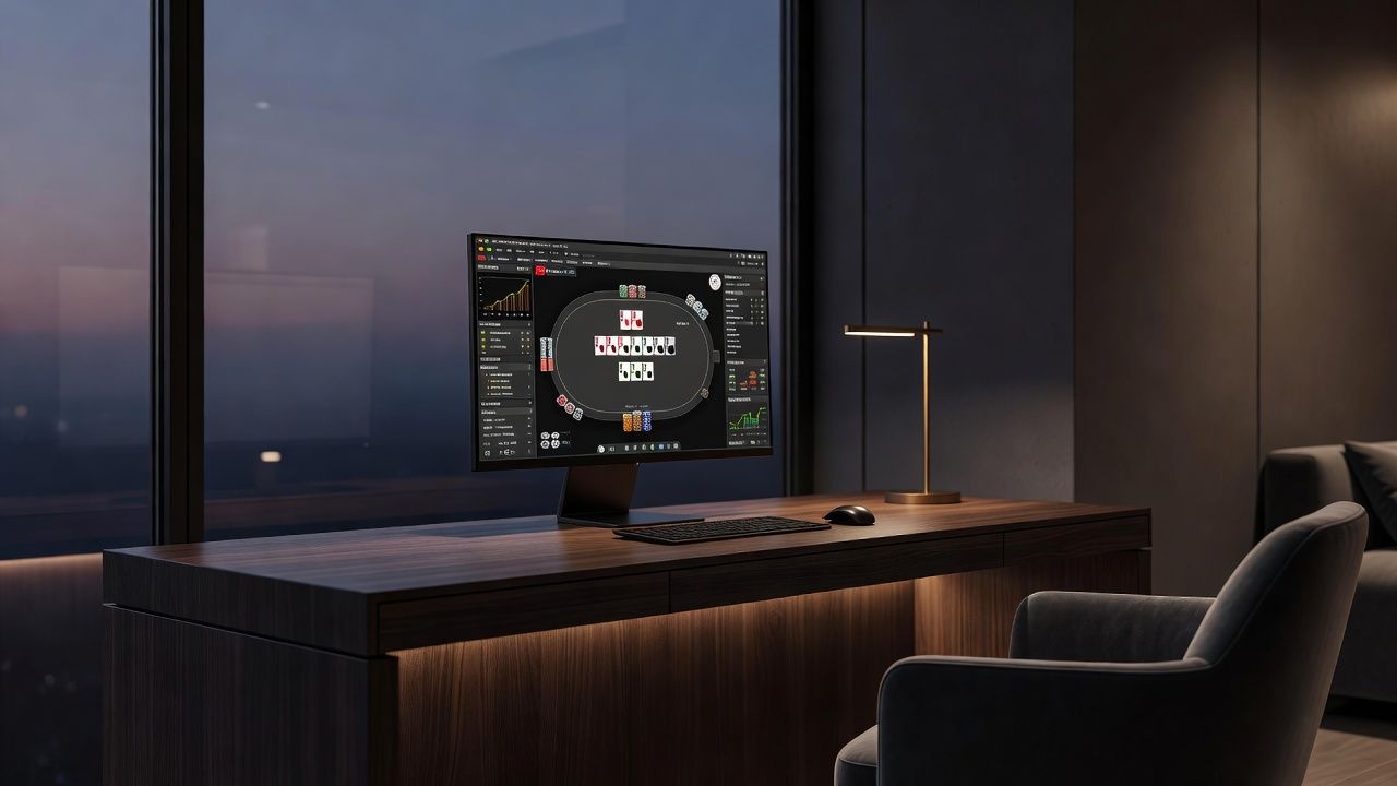 A warm and elegant luxury home interior at twilight, featuring a modern minimalist wooden desk with a sleek monitor showing poker software, subtle cozy atmospheric lighting, representing balance and focus, no text, no logos.