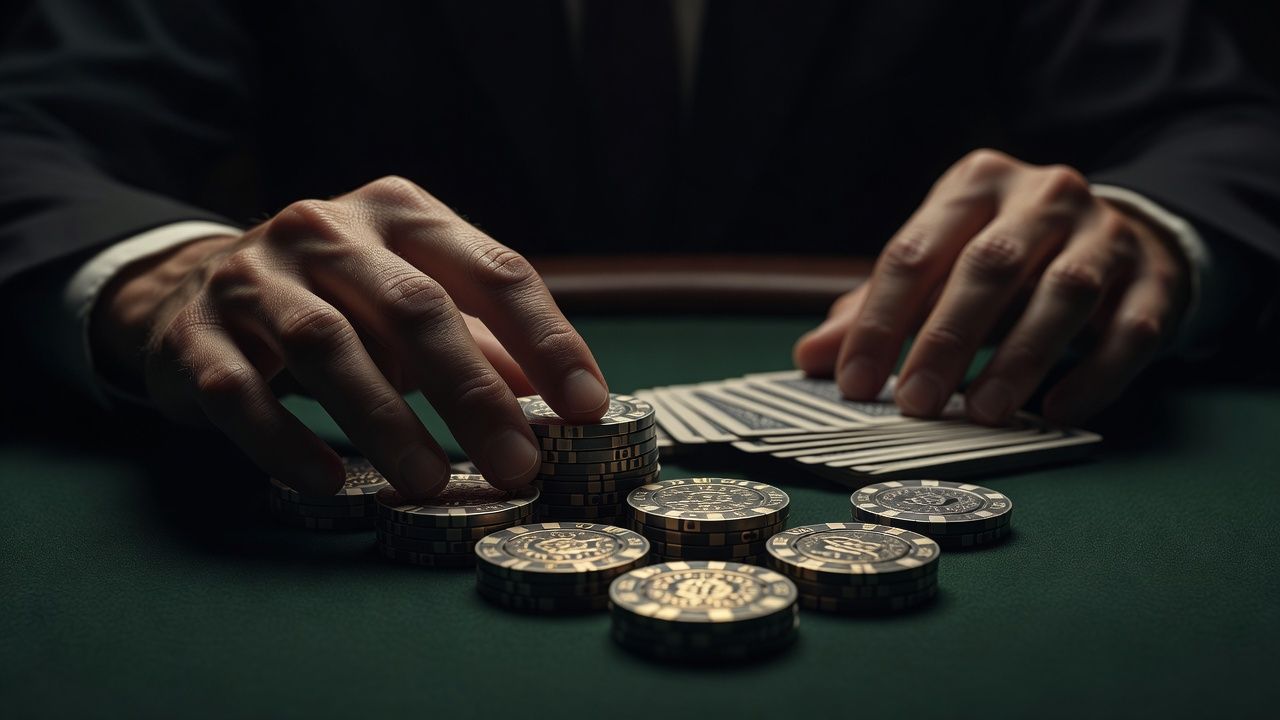 Extreme close-up of a professional poker player's hands strategically moving high-value poker chips on a dark green felt table. Elegant lighting emphasizing the <span class="glossary-term-inline" data-glossary-term="Texture" data-glossary-def="Com'è "fatto" il board. Se le carte sono vicine e dello stesso colore, la texture è "pesante" o "bagnata".">texture</span> of the chips and cards, sophisticated atmosphere, no text or logos.