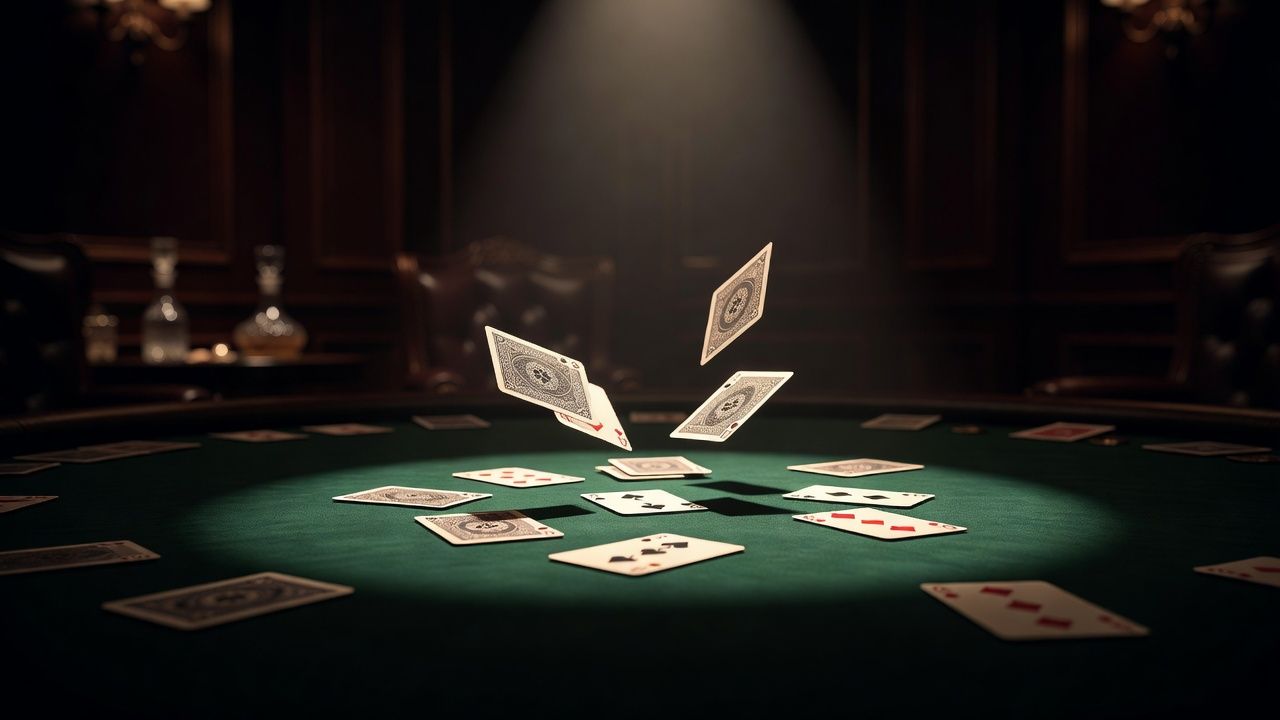 Cinematic close-up of dynamic playing cards laid out on a dark green felt poker table under focused spotlight, luxurious high-stakes poker room ambiance, shallow depth of field, realistic textures, no text, no logos.