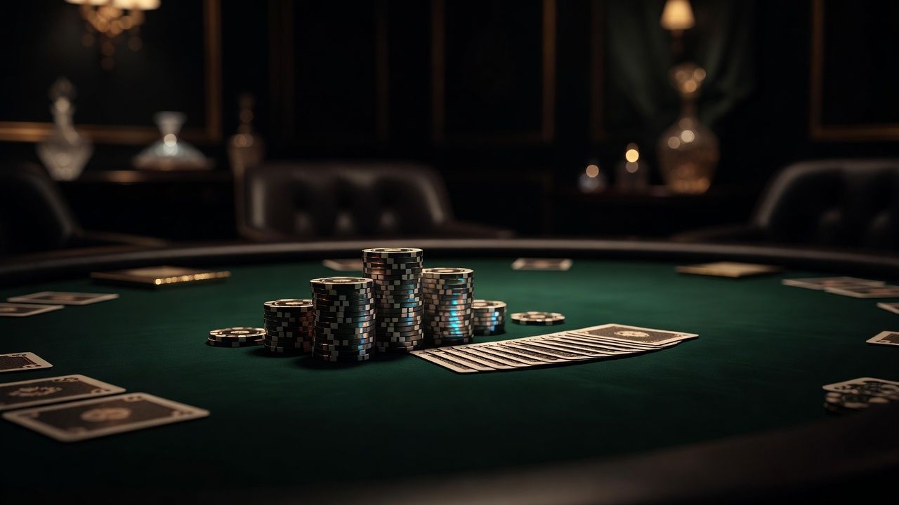 High-end luxury poker setting showing a stack of high-value casino chips beside playing cards on a sleek green felt table, moody elegant lighting, bokeh background, cinematic professional poker environment, no text, no logos.
