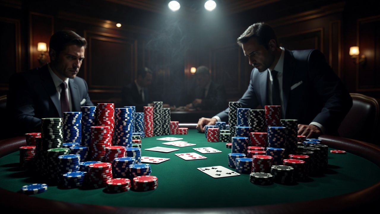 High-stakes poker table with massive stacks of high-denomination chips under professional TV studio lighting, playing cards dealt on dark green felt, luxurious casino atmosphere, photorealistic, cinematic shot, no text or logos.