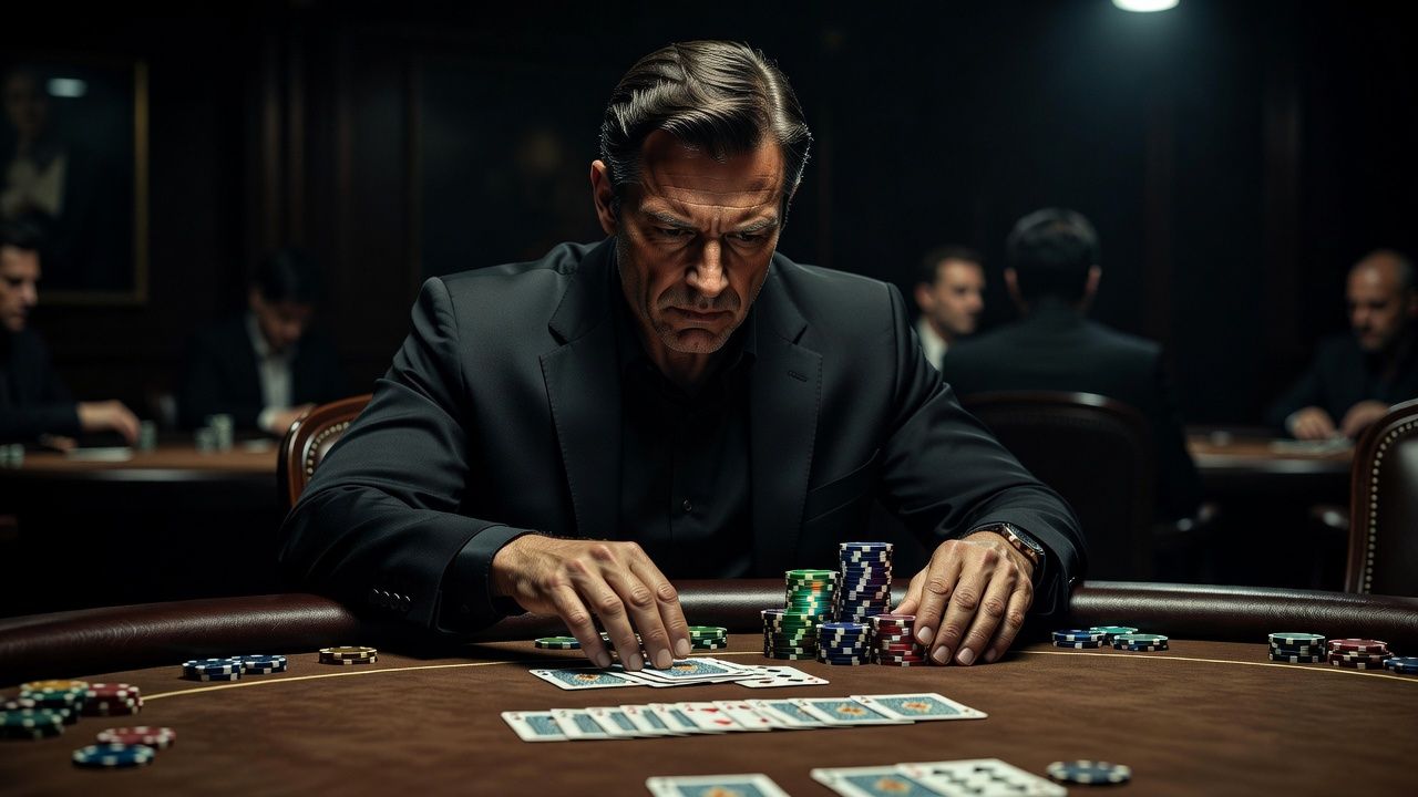 Close-up of a professional poker player deeply focused during an intense high-stakes decision, luxury poker table setting, dramatic studio lighting, photorealistic style, no text or logos.