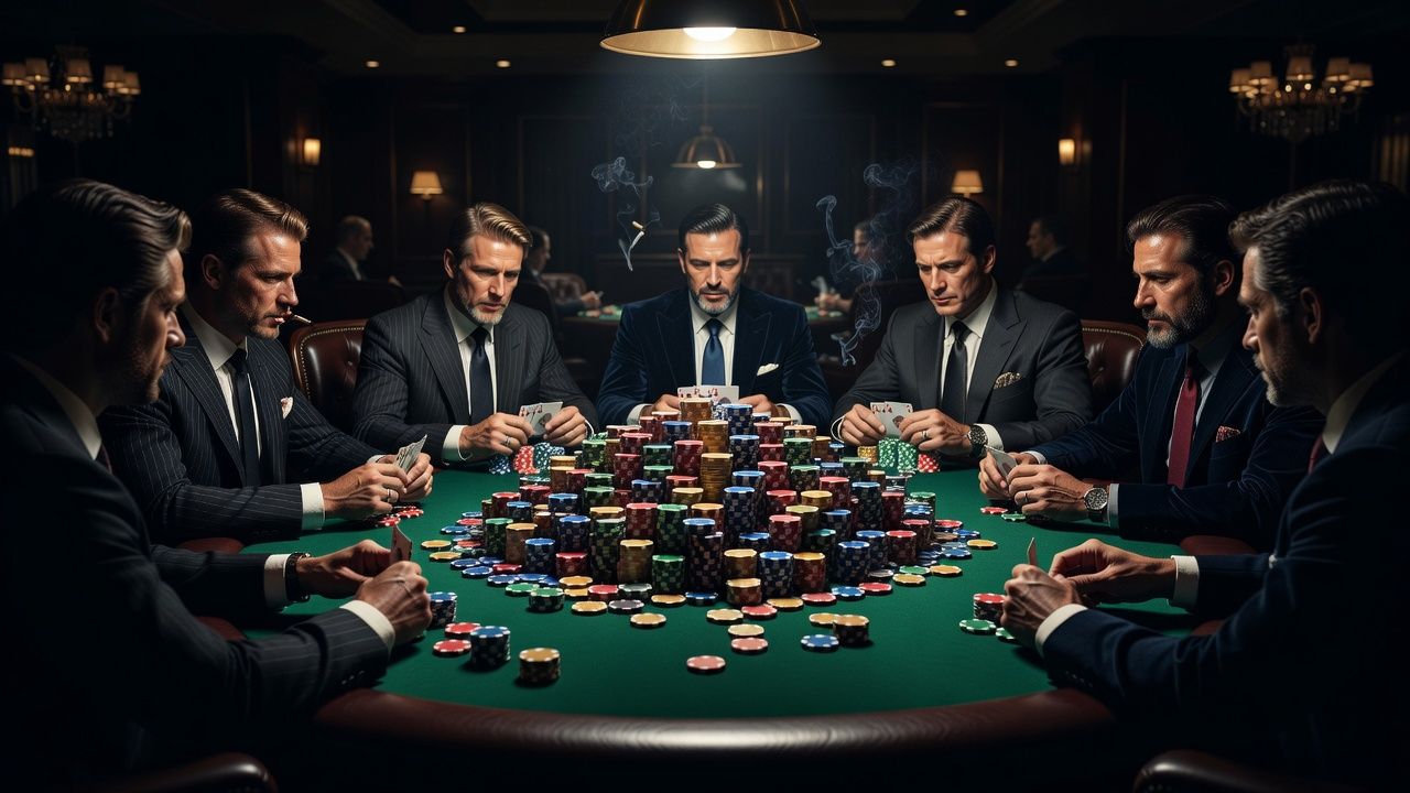 Dramatic high-stakes poker table scene with cinematic lighting, showcasing a massive multi-million dollar pile of chips in the center of a green felt table, dark and intense atmosphere in an exclusive luxury casino.