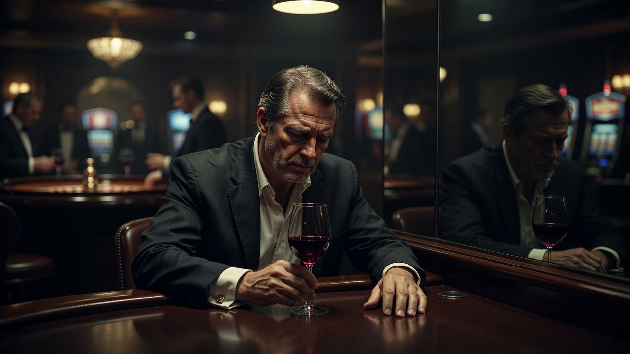Cinematic shot of a defeated poker player sitting at an elegant dimly lit bar counter holding a glass of red wine, moody atmospheric lighting, reflection on dark glass, luxury casino background softly blurred.