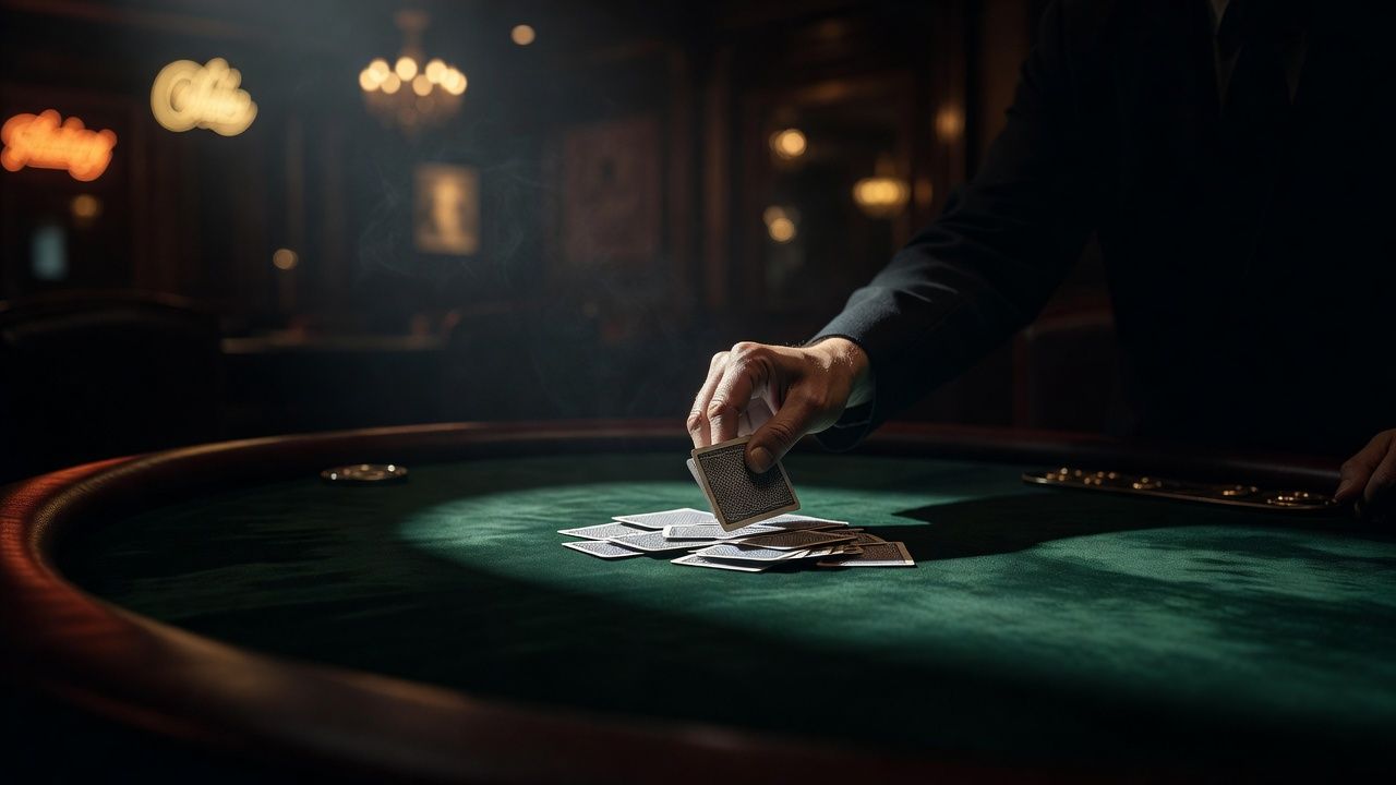 A close-up of a poker dealer's hand sliding two face-down cards into the <span class="glossary-term-inline" data-glossary-term="Muck" data-glossary-def="Gettare le carte nel mazzo senza mostrarle.">muck</span> pile on a luxurious green velvet poker table, dramatic cinematic lighting, high-end casino atmosphere, soft focus background, no text, no logos.