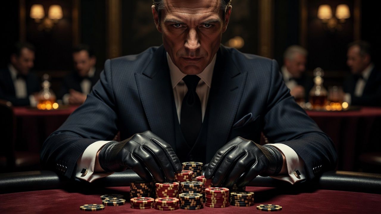 A close-up of a sophisticated poker player's eyes and hands adjusting high-quality ceramic poker chips, intense focus, luxurious casino setting with dim warm lighting, blurred background, elegant attire, no text, no logos.
