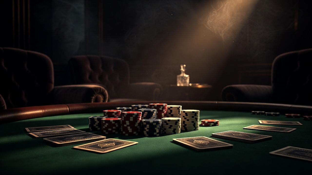 Cinematic close-up of a high-stakes poker table in a dark luxury setting, featuring neatly stacked ceramic chips and playing cards face down on a fine green felt surface, bathed in dramatic warm spot lighting, realistic depth of field, no text or logos.