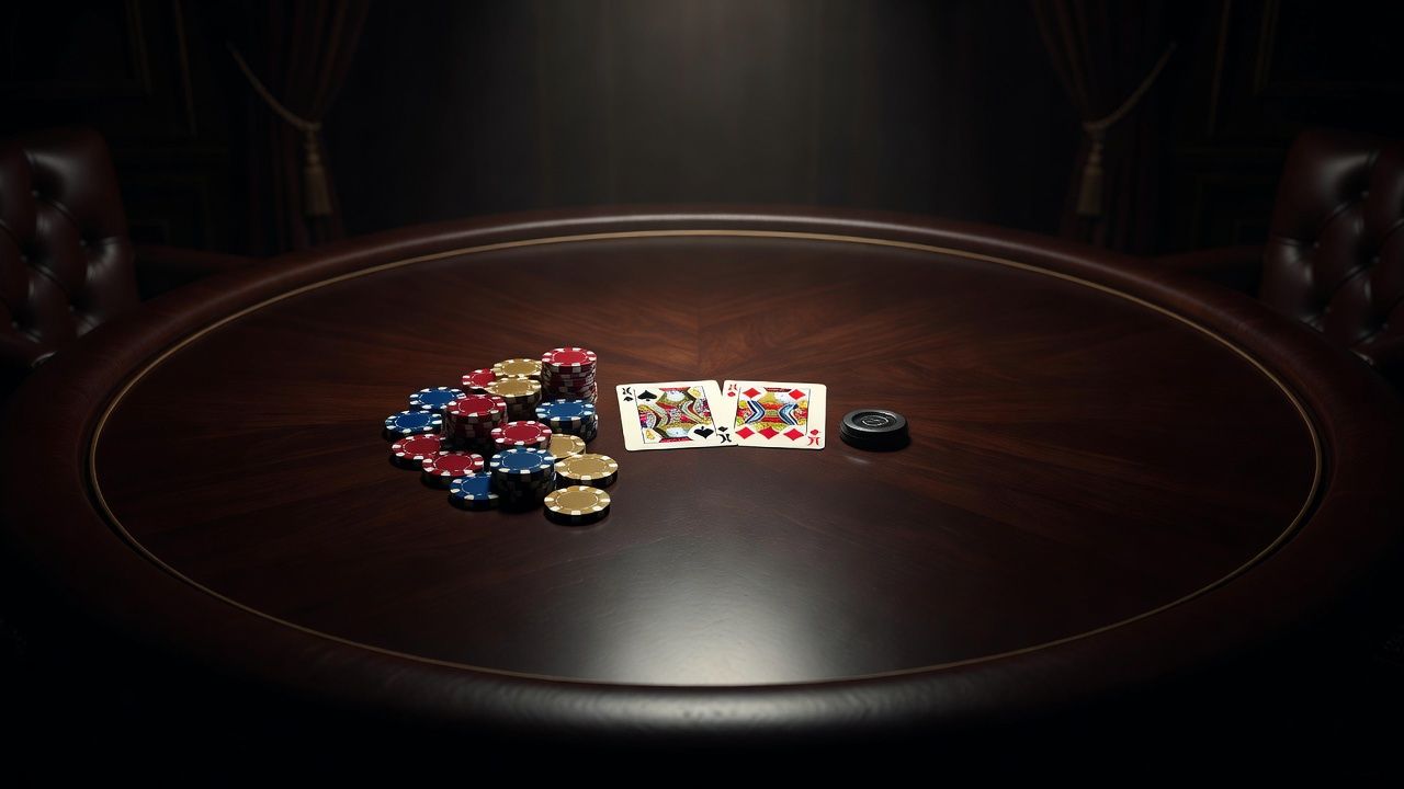 A sleek, top-down view of a luxury poker table showing two playing cards face up, Queen of Spades and Jack of Diamonds, beside colorful high-value chips and a dealer button, <span class="glossary-term-inline" data-glossary-term="Set" data-glossary-def="Tris fatto con una coppia in mano e una carta sul board. Molto forte e ben nascosto.">set</span> in an elegant dimly lit room, no text or logos.