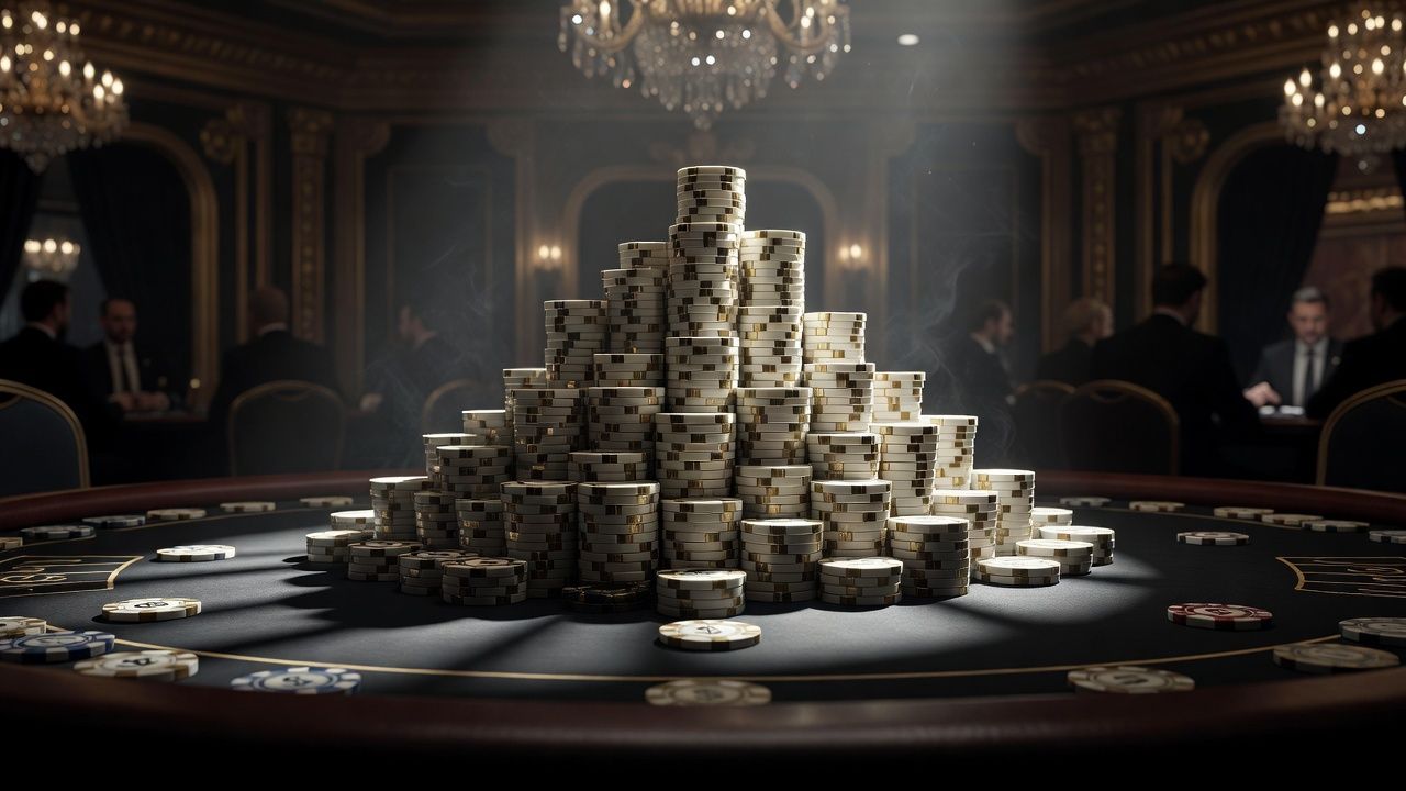 A luxurious high-stakes poker table covered with an enormous mountain of high-denomination casino chips, dramatic cinematic lighting, intense atmosphere, blurred background with elegant casino decor, no text, no logos.