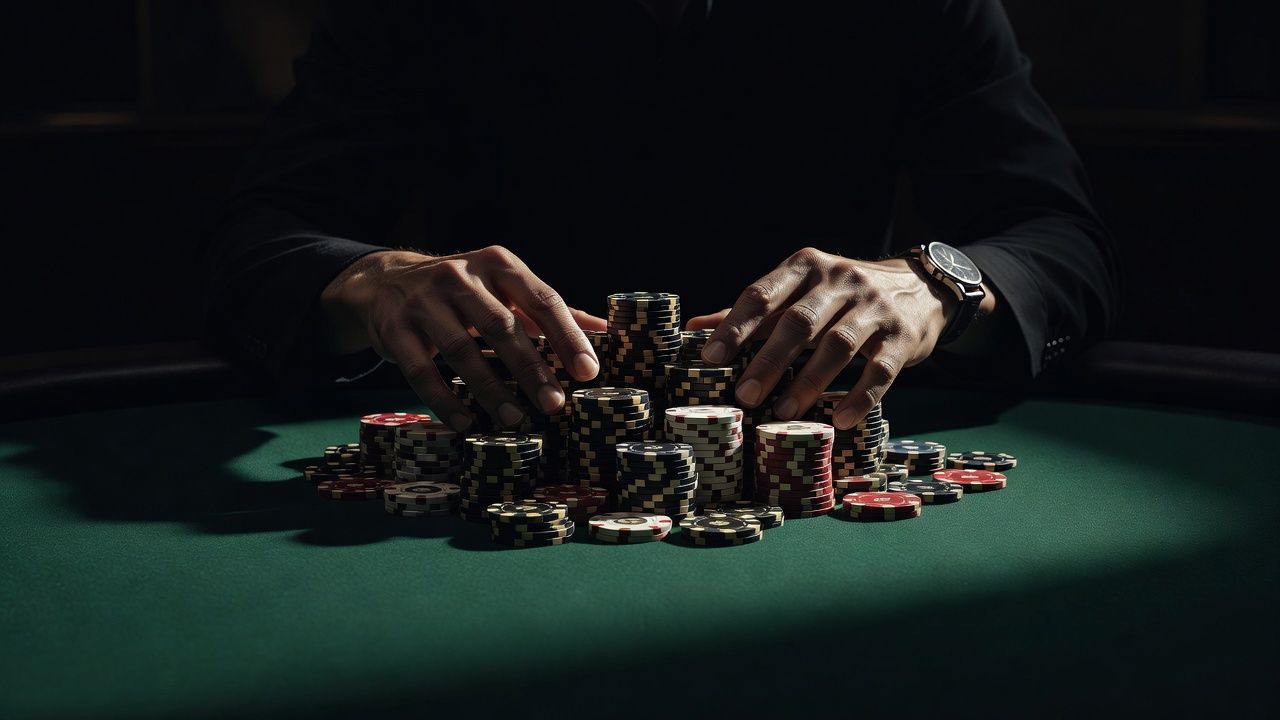 A close-up of a confident poker player's hands pushing a massive stack of chips forward on a premium green felt table, subtle luxurious watch on the wrist, dark and moody lighting highlighting the tension of a high-stakes bluff, no text, no logos.