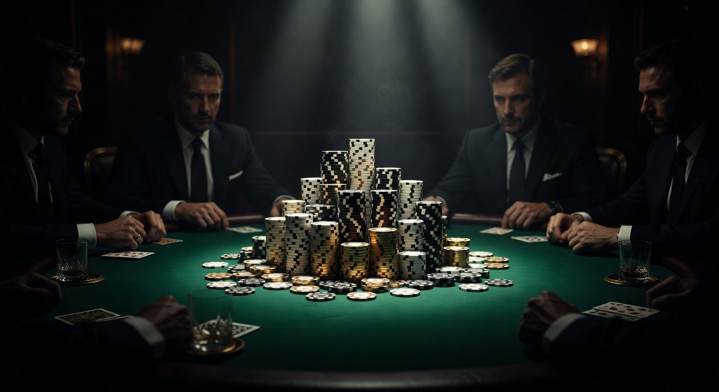 A luxurious high-stakes poker table with massive towers of premium casino chips pushed aggressively to the center. Dramatic, moody lighting highlighting the chips and the green felt, conveying immense wealth and psychological dominance. Cinematic style, no text, no logos.