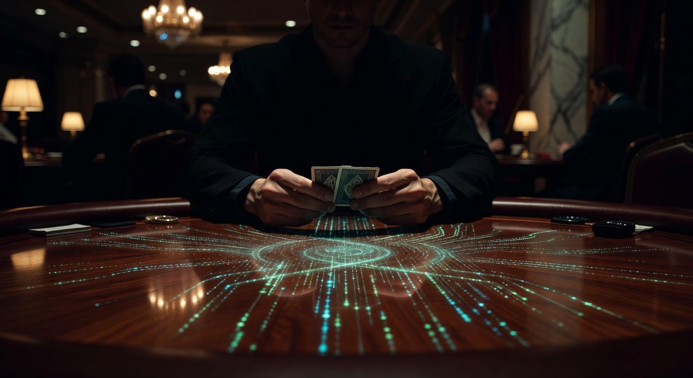 A close-up of a high-end poker game in a luxurious casino setting. A player's hands are visible, holding two <span class="glossary-term-inline" data-glossary-term="Hole Cards" data-glossary-def="Le tue due carte coperte.">hole cards</span>, with a subtle, elegant glowing matrix effect reflecting on the polished mahogany table, symbolizing the clash between human instinct and mathematical strategy. Cinematic lighting, no text, no logos.