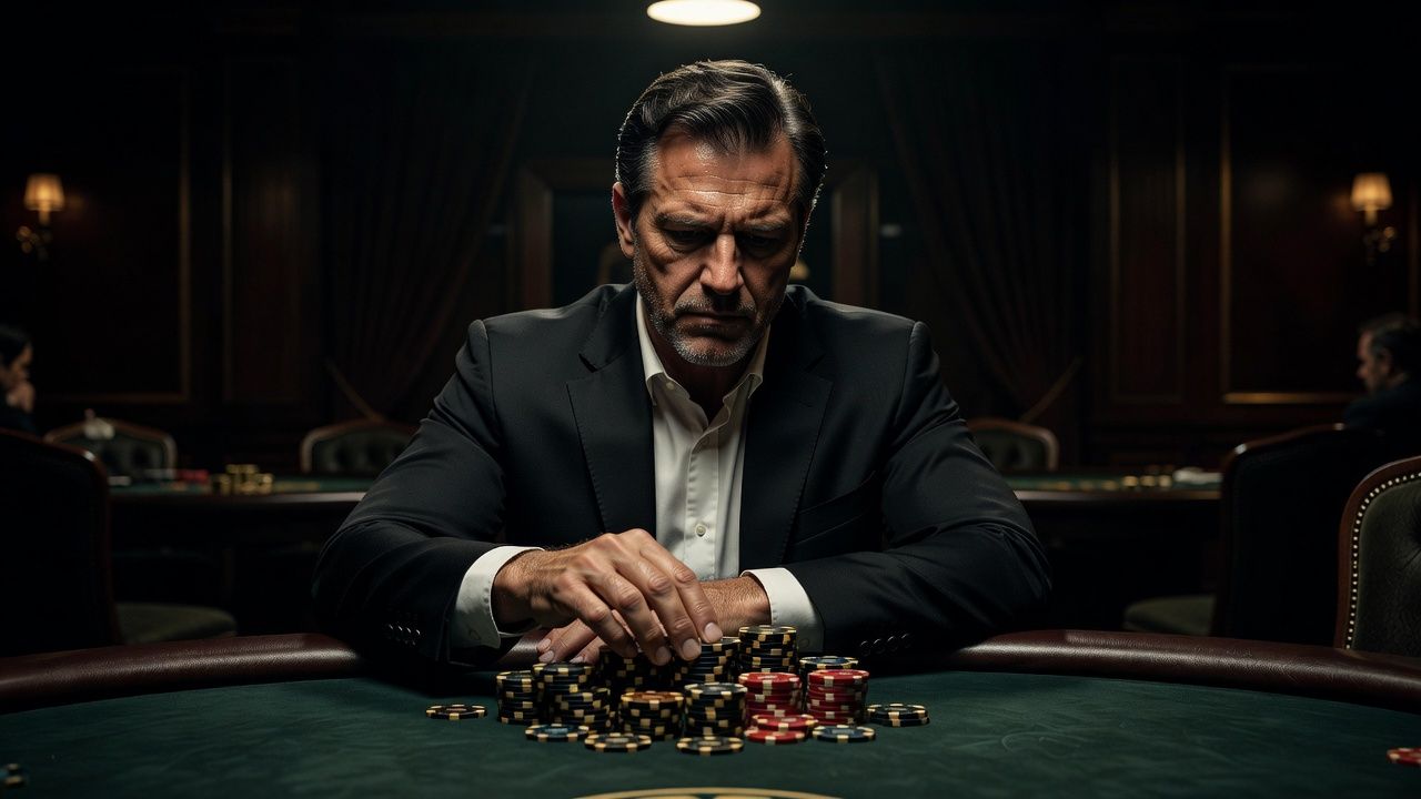 Cinematic close-up of a poker player in a dark, high-stakes luxury casino room, thoughtfully contemplating a bet with high-end poker chips on dark felt, atmospheric lighting, moody tone, no text or logos.
