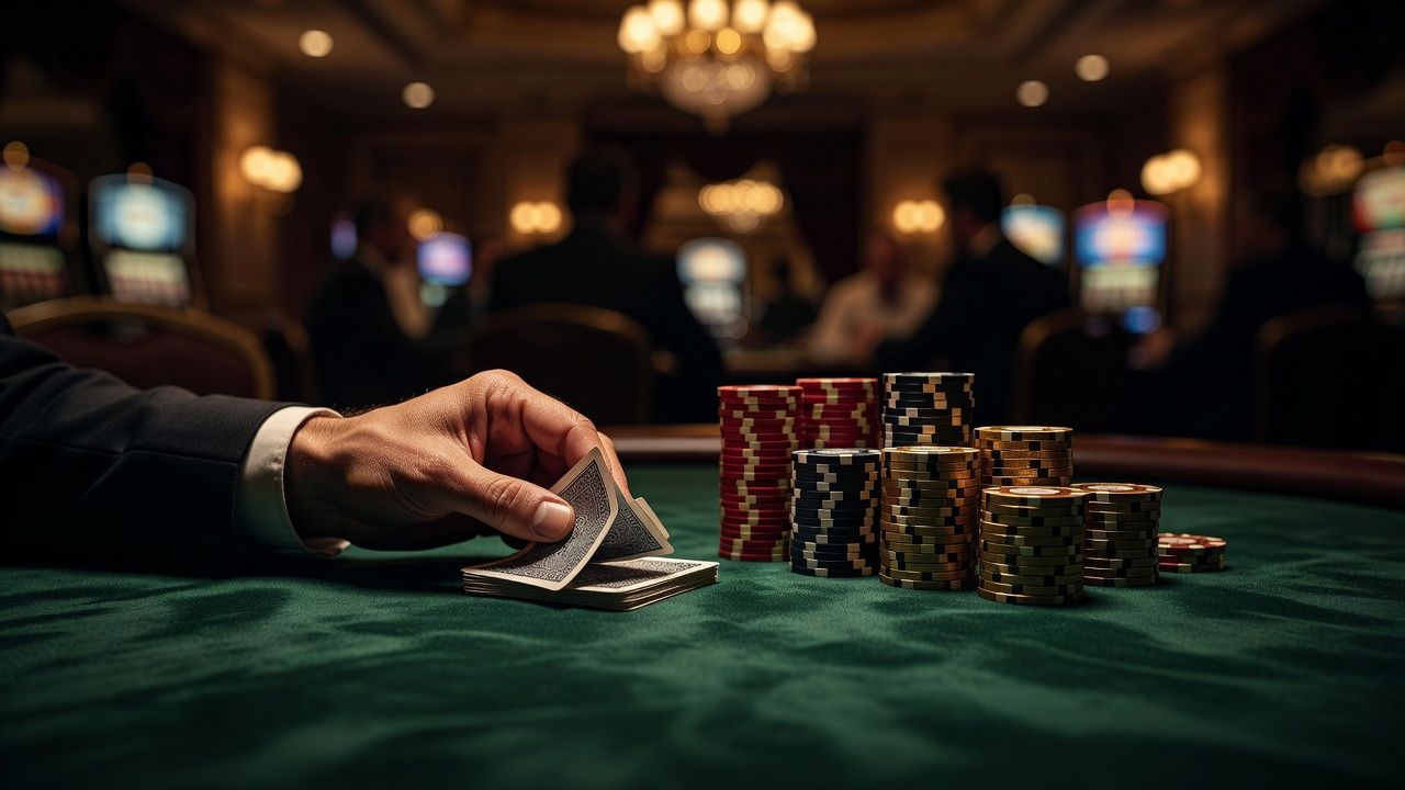 A dramatic shot of a poker player elegantly folding cards on dark green velvet felt beside stacks of premium poker chips, high-end casino setting, shallow depth of field, warm lighting, no text or logos.