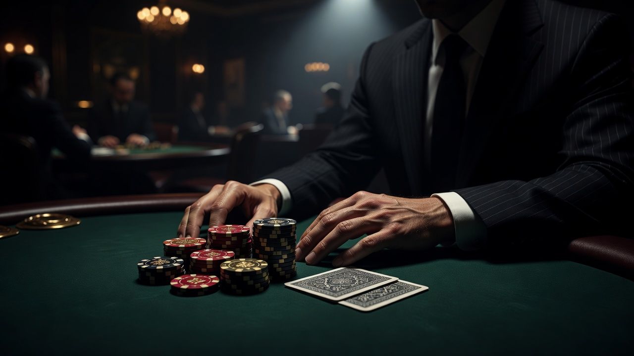 A cinematic, moody shot of a luxurious poker table. A player's hands are visible, resting heavily near a stack of premium ceramic chips and two face-down cards. The lighting is dramatic, casting deep shadows to convey a sense of tension and mental fatigue, with a blurred, elegant casino background. No text or logos.