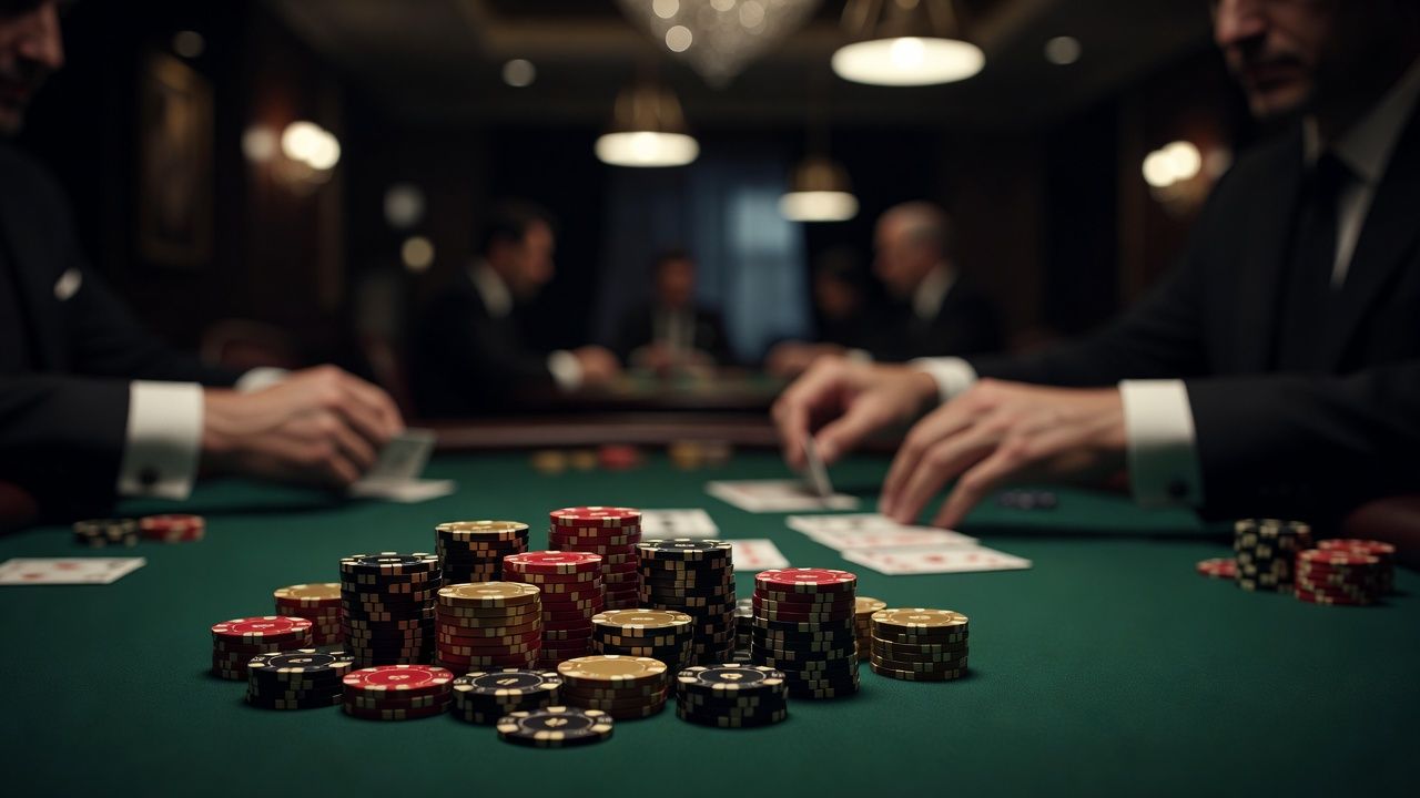 A bright, high-end poker tournament setting. Neatly stacked towers of colorful, high-denomination casino chips in sharp focus in the foreground. In the softly blurred background, a professional dealer's hands are distributing cards on a pristine green felt table under sophisticated casino lighting. Luxurious atmosphere, no text or logos.