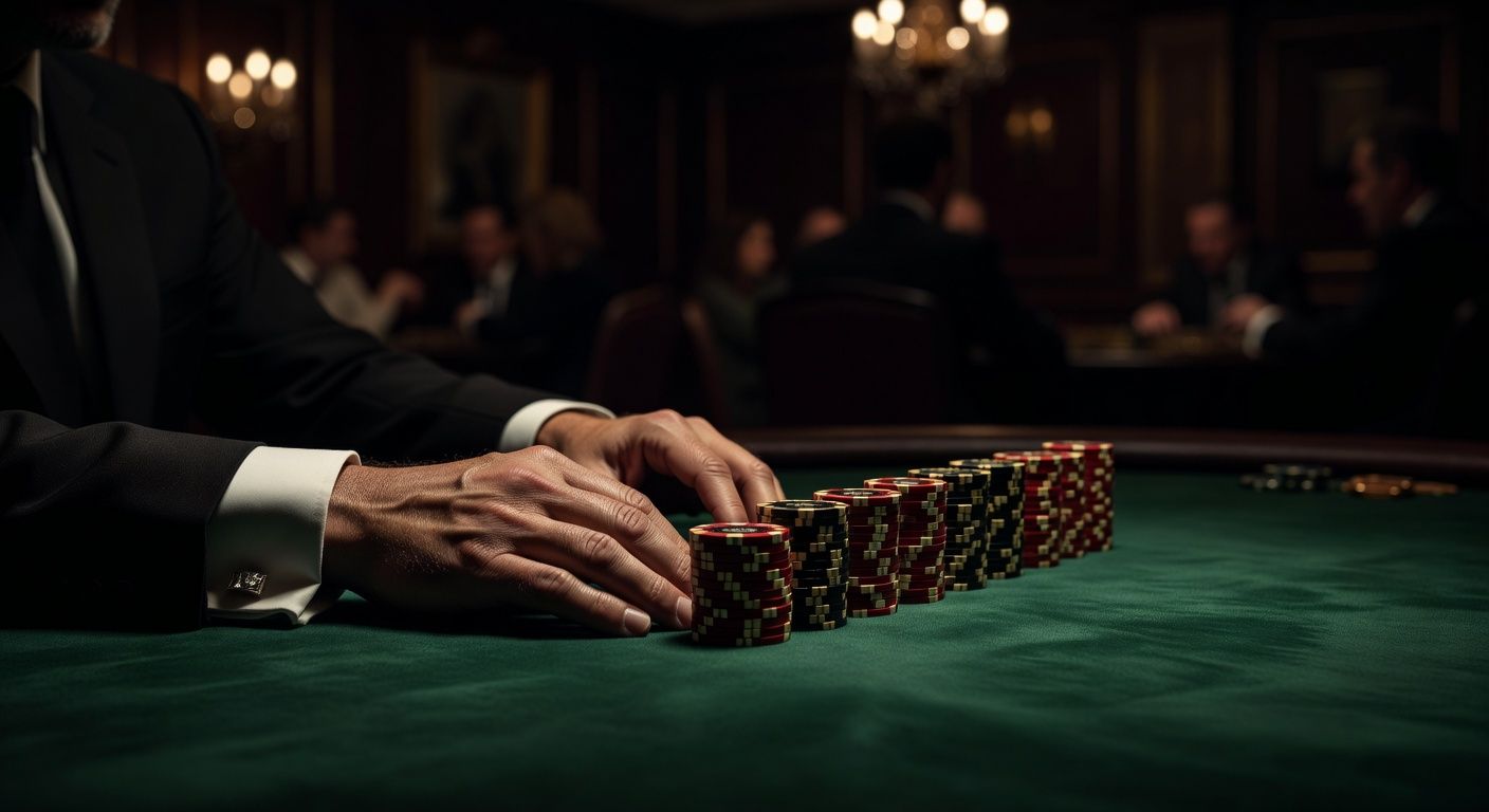 A close-up of a well-dressed tournament director's hands resting on a luxurious green poker table, next to a neat stack of high-value casino chips. Cinematic lighting, moody atmosphere, blurred background with elegant casino decor. No text, no logos.