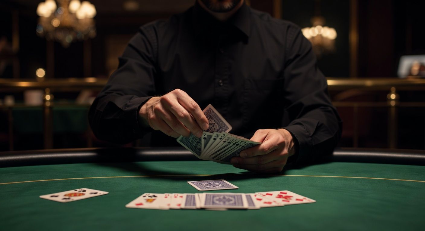 A professional poker dealer in a crisp black shirt elegantly dealing cards on a premium felt table. Focus on the hands and the cards in motion. Cinematic, high-end casino setting, soft dramatic lighting, deep shadows. No text, no logos.