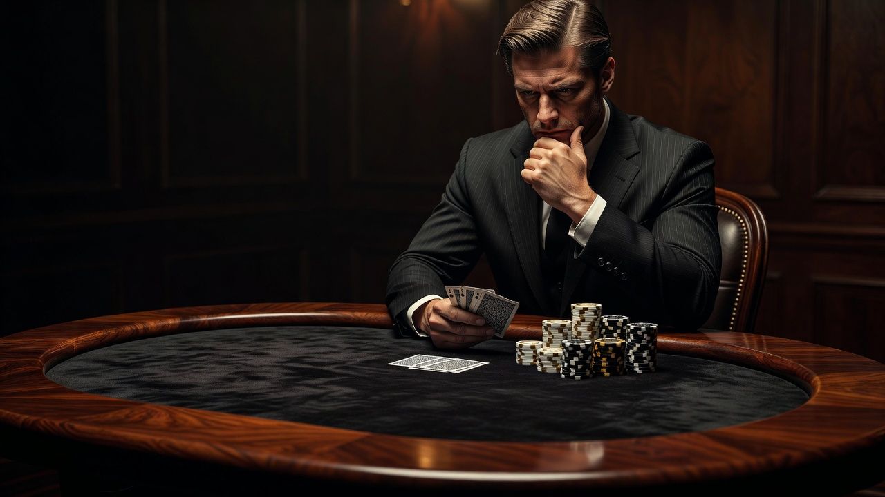 A close-up cinematic shot of a luxury poker table made of deep mahogany and dark felt. A professional poker player in a sharp <span class="glossary-term-inline" data-glossary-term="Suit" data-glossary-def="Il seme della carta (Cuori, Quadri, Fiori, Picche).">suit</span> thoughtfully contemplates his hand under a soft, dramatic overhead spotlight. Premium high-value chips are neatly stacked nearby. High-end, moody atmosphere with elegant lighting, no visible text or logos.