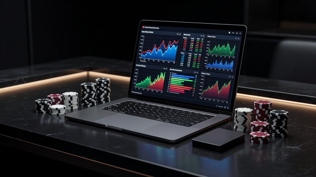 A modern, minimalist poker study desktop featuring a sleek high-end laptop with colorful analytical charts and data visualizations on screen. Next to it on a dark polished surface are stacks of ceramic poker chips and a sleek card deck. Subtle moody ambient backlighting, high-tech luxury style, sharp focus, no text or logos.