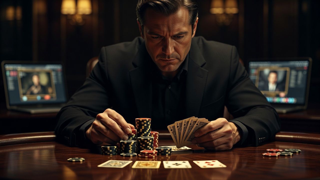 A close-up cinematic shot of a focused online poker player at a luxury dark wood desk, looking at poker chips and playing cards under elegant, soft dramatic lighting. High-end casino aesthetic, warm golden tones, shallow depth of field, no text or logos.