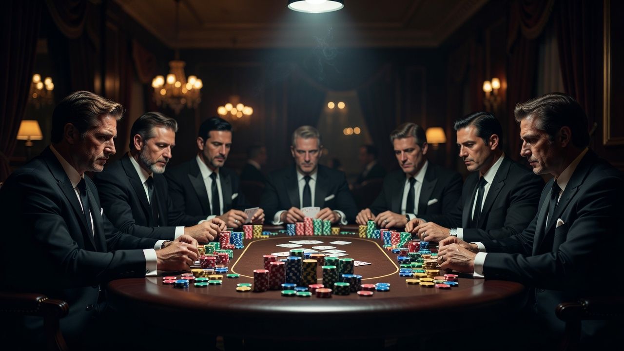 An atmospheric high-stakes poker table with massive stacks of vibrant chips illuminated by a moody overhead spotlight. Sophisticated VIP poker room atmosphere, cinematic bokeh in the background, luxury feel, no text or logos.
