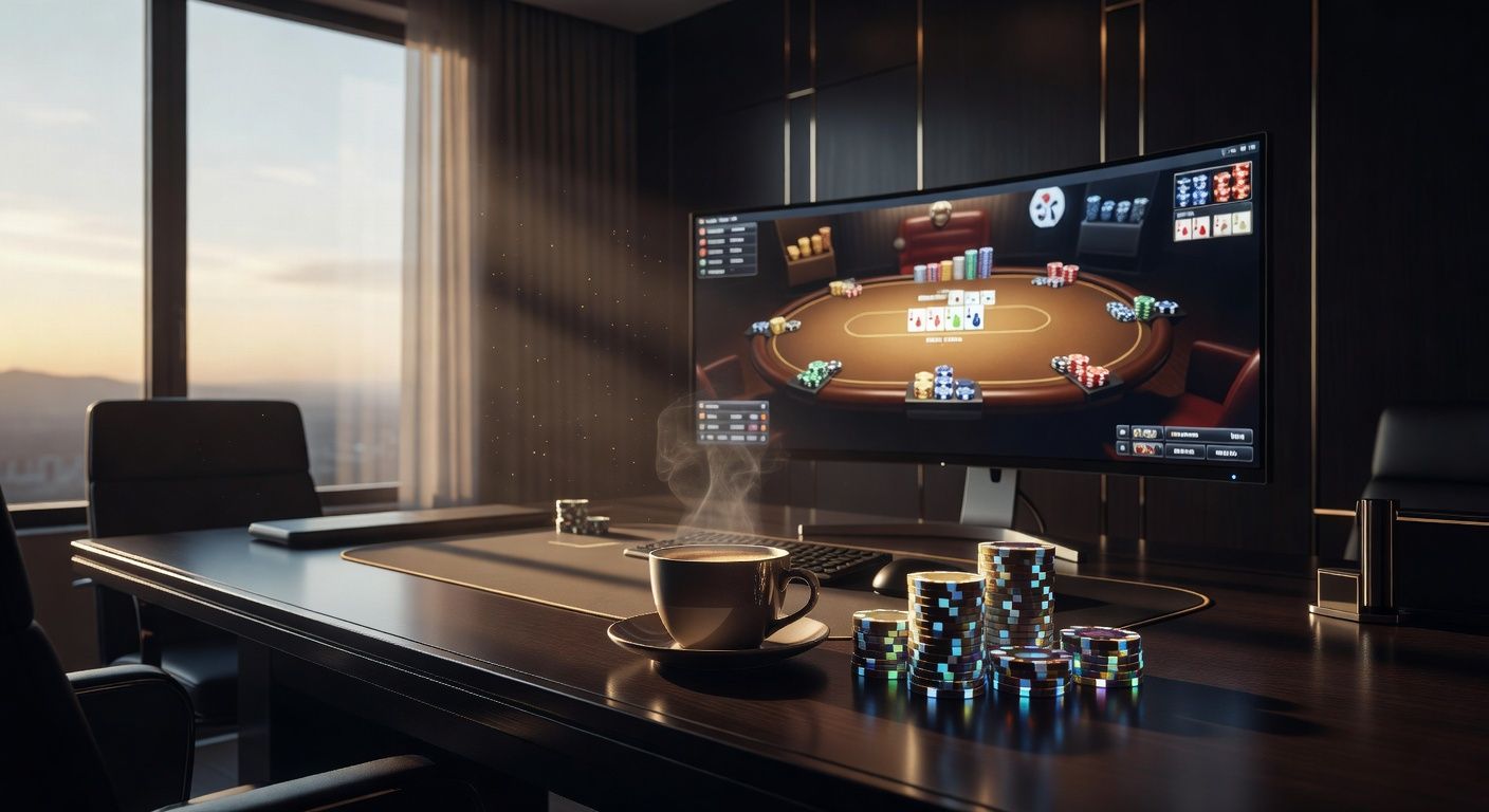 A cinematic, high-end poker scene showing a sleek, modern computer setup with a virtual poker table on the screen, bathed in the soft, golden light of early morning sunrise filtering through a window. A steaming cup of coffee sits next to premium casino chips. Luxury atmosphere, dramatic lighting, no text or logos.
