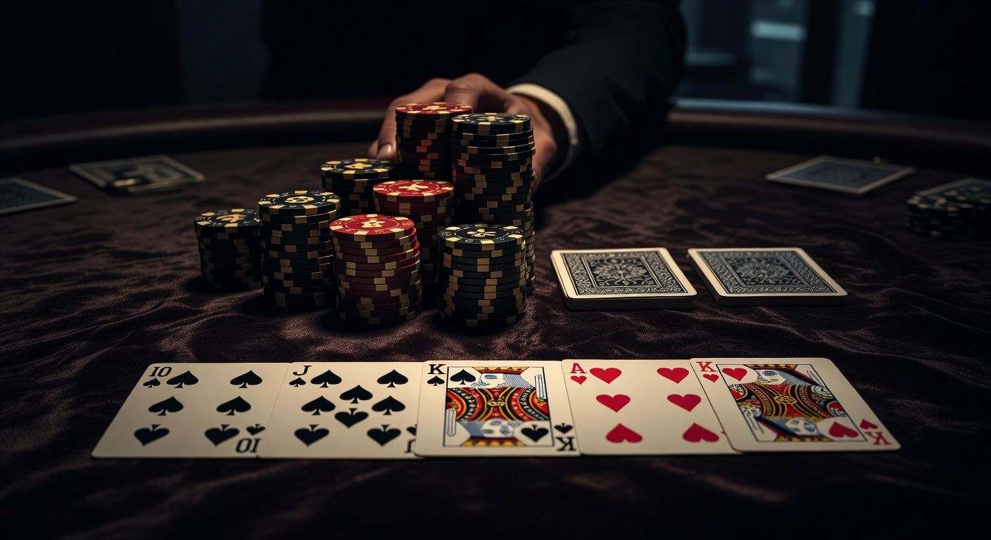 A close-up of a luxurious poker table with premium dark felt. Two <span class="glossary-term-inline" data-glossary-term="Hole Cards" data-glossary-def="Le tue due carte coperte.">hole cards</span> face down next to a massive stack of high-denomination casino chips being pushed forward for an <span class="glossary-term-inline" data-glossary-term="All-in" data-glossary-def="Mettere tutte le fiches nel piatto.">all-in</span> bet. The <span class="glossary-term-inline" data-glossary-term="Community Cards" data-glossary-def="Le carte comuni sul tavolo.">community cards</span> show three spades, an Ace, and a Queen. Dramatic, moody lighting highlighting the tension of a high-stakes moment, no text or logos.