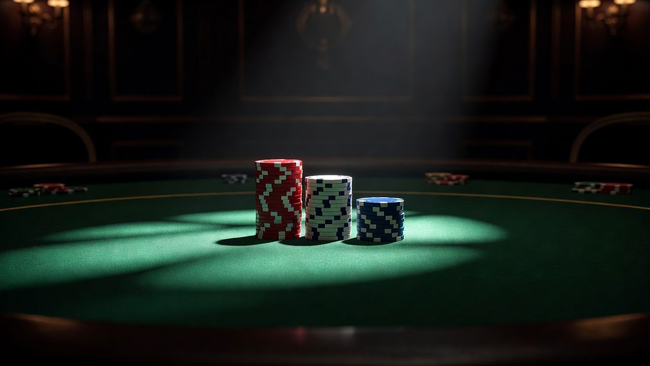A cinematic close-up shot of a high-stakes poker table inside an elegant casino, featuring three distinct chip stacks of different heights on green felt under dramatic overhead spotlighting, evoking intense <span class="glossary-term-inline" data-glossary-term="Final Table" data-glossary-def="Il tavolo finale di un torneo. Dove si decidono i premi veri.">final table</span> tension.