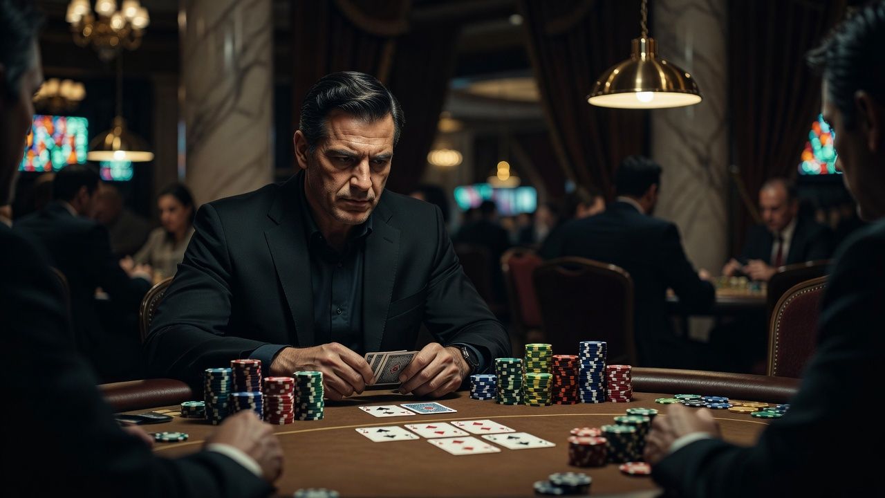 A professional poker player focused at a <span class="glossary-term-inline" data-glossary-term="Final Table" data-glossary-def="Il tavolo finale di un torneo. Dove si decidono i premi veri.">final table</span> in a luxurious casino setting, looking thoughtfully at the cards in front of him, with blurred casino lights and stacks of high-value chips in the background.