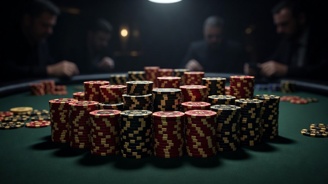 Cinematic close-up of neat, deep stacks of high-value poker chips on a dark green felt table in a high-stakes tournament setting, soft dramatic spotlighting, crisp depth of field, no text or logos.