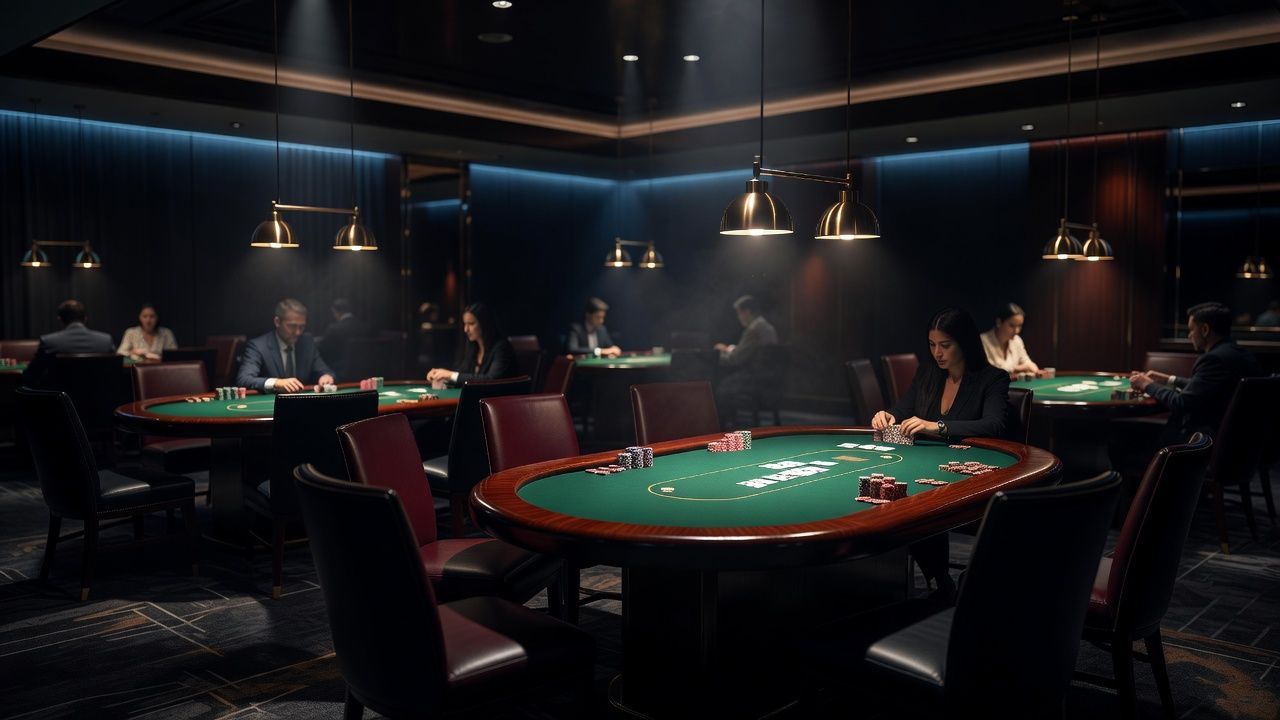 Atmospheric view of a modern luxury casino room with green felt poker tables, polished wooden accents, ambient moody lighting, sophisticated live tournament ambiance, no visible faces, text, or logos.