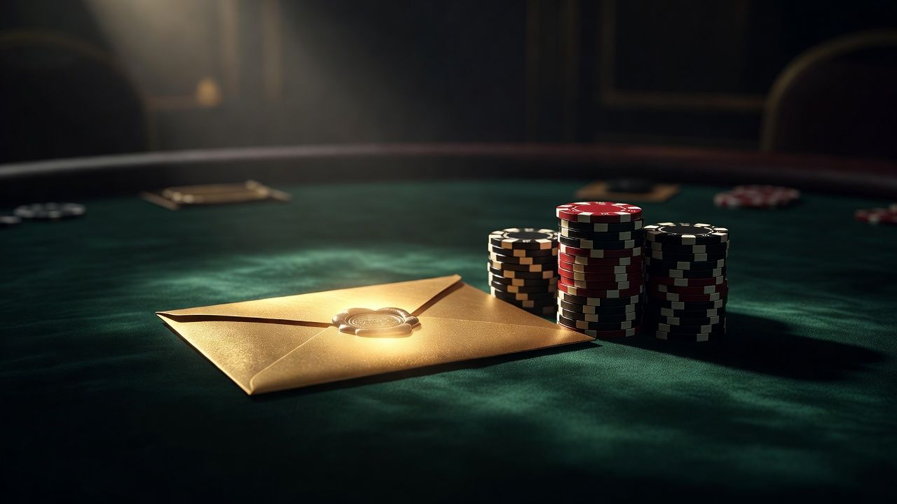 A close-up of a luxurious green poker table with a glowing, mysterious golden envelope resting next to a stack of high-denomination casino chips. Dramatic cinematic lighting, elegant atmosphere, no text or logos.