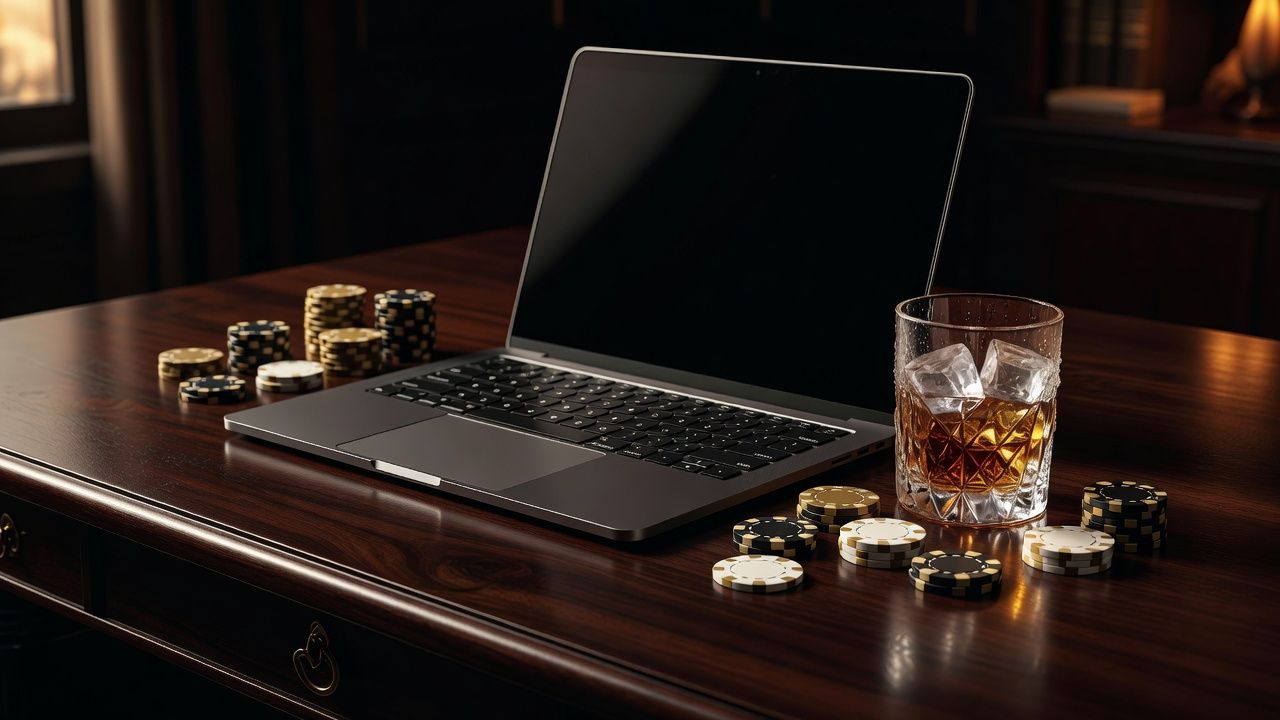 A sleek, modern poker setup featuring a high-end laptop on a dark mahogany desk. Next to it, a crystal glass filled with ice and subtle <span class="glossary-term-inline" data-glossary-term="Condensation" data-glossary-def="Quando il tuo range si stringe attorno a mani di forza media.">condensation</span>, glowing under warm, cinematic amber lighting to suggest a hot summer night. Luxury aesthetic, no text or logos.