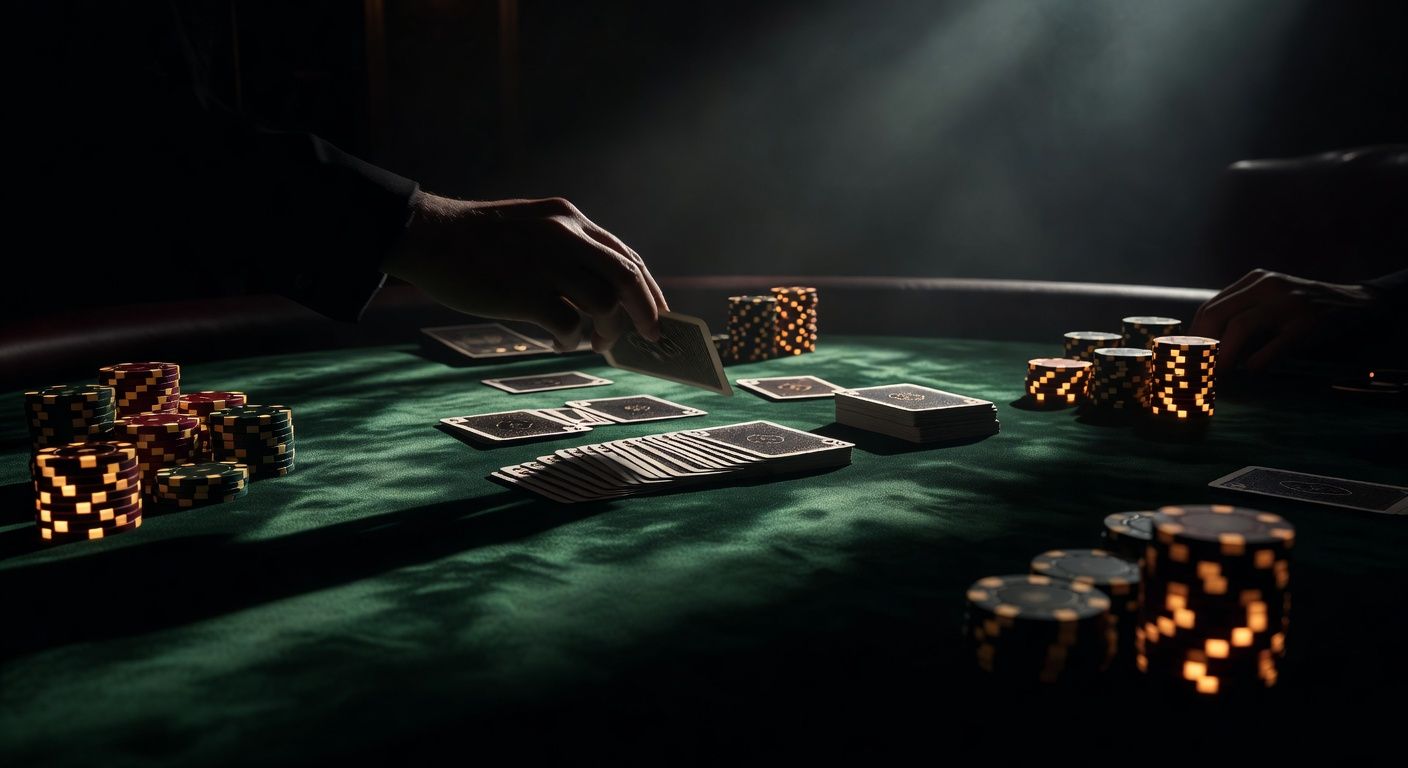 A close-up of a luxurious poker table with a reduced deck of cards being dealt, dramatic cinematic lighting, <span class="glossary-term-inline" data-glossary-term="High Stakes" data-glossary-def="I livelli alti, dove giocano i veri professionisti e girano cifre importanti.">high stakes</span> casino atmosphere, rich green felt, glowing chips, no text, no logos