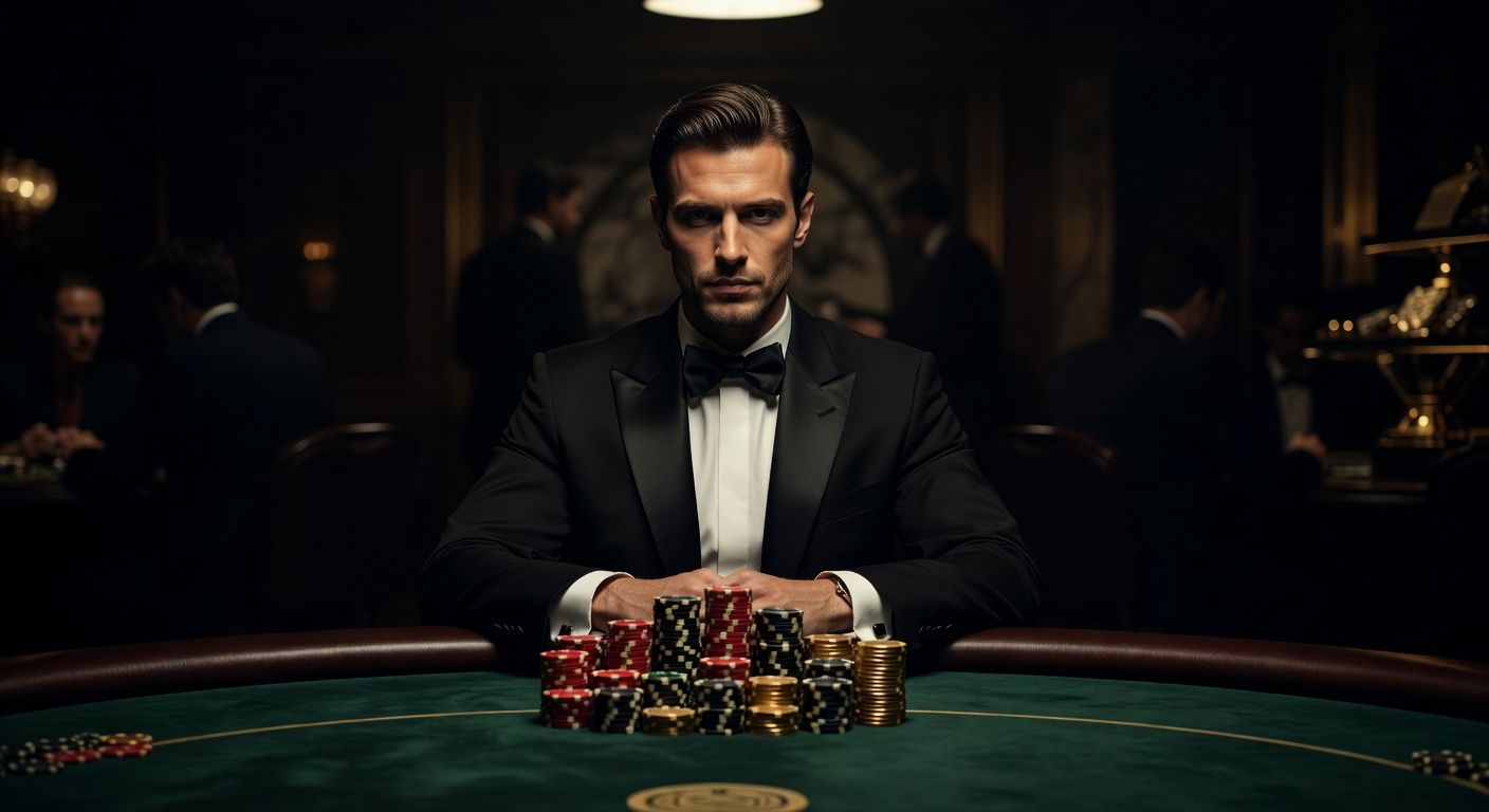 A luxurious high-roller poker <span class="glossary-term-inline" data-glossary-term="Final Table" data-glossary-def="Il tavolo finale di un torneo. Dove si decidono i premi veri.">final table</span> setting. A sharply dressed, stoic poker player sitting with a medium stack of premium casino chips, observing the table with a calm, icy demeanor. Cinematic, moody lighting highlighting the tension and luxury of the event, no text, no logos.