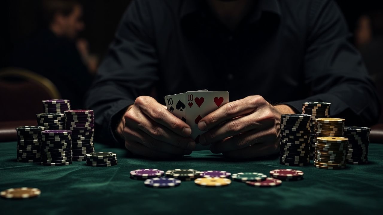 A close-up cinematic shot of a poker player's hands holding a pair of tens on a dark luxury green felt table, surrounding high-denomination chip stacks, moody lighting, <span class="glossary-term-inline" data-glossary-term="High Stakes" data-glossary-def="I livelli alti, dove giocano i veri professionisti e girano cifre importanti.">high stakes</span> tournament vibe, photorealistic, no text, no logos.
